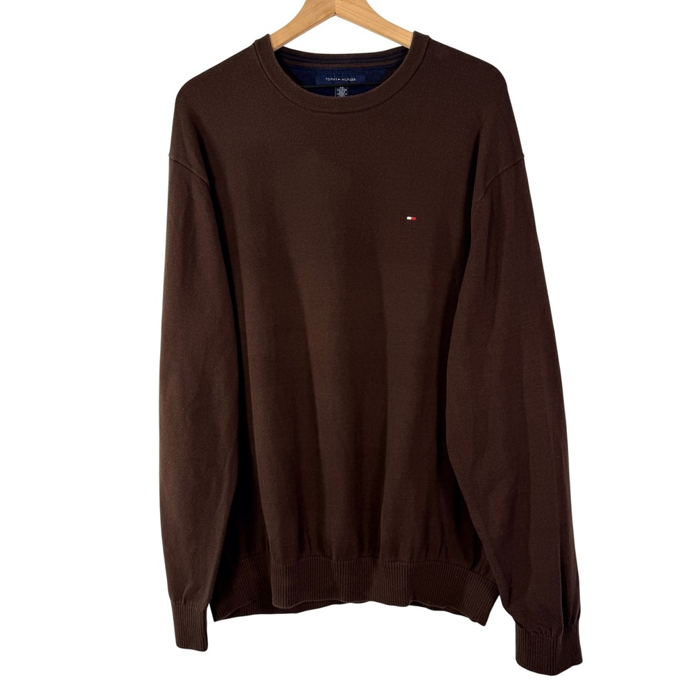 Tommy Hilfiger Mens XXL Brown Crewneck Sweater Minimal Logo Knit‎ Pullover